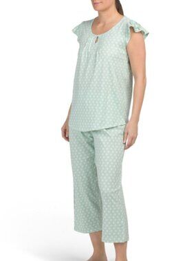 NWT Organic Cotton 2pc Soft Sense Capri Lightweight Pajama Green Printed Set